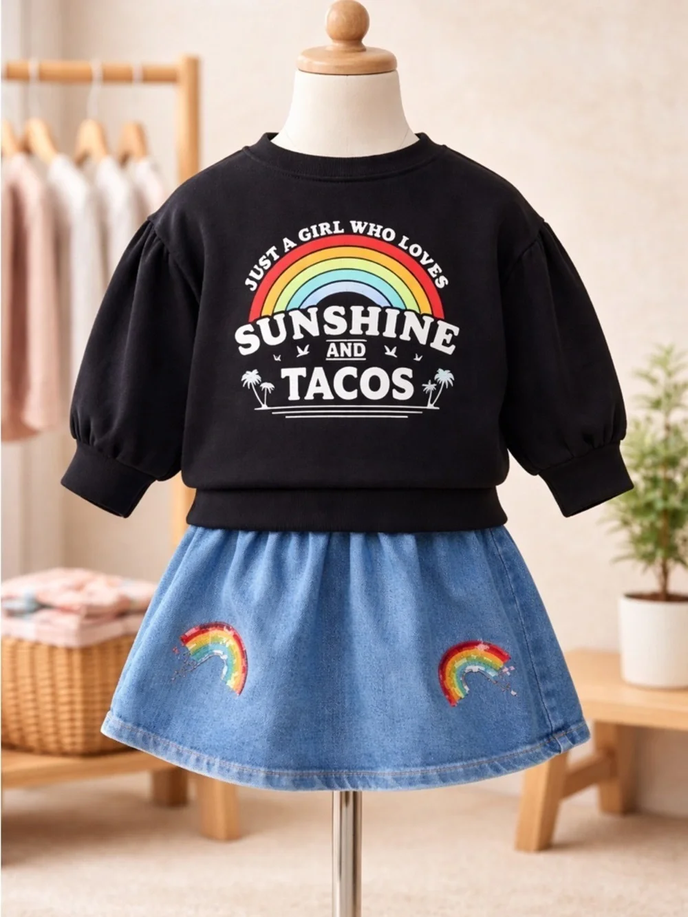NWT Girls 2 Piece Long Sleeve Top and Jean Skirt Sunshine & Tacos- Size 6-12 Mo